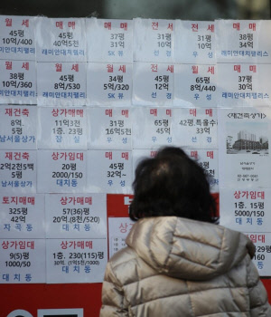 서울 강남구 대치동의 한 부동산중개업소 앞에서 한 시민이 아파트 매매 및 전·월세 정보를 살피고 있다.<연합뉴스>